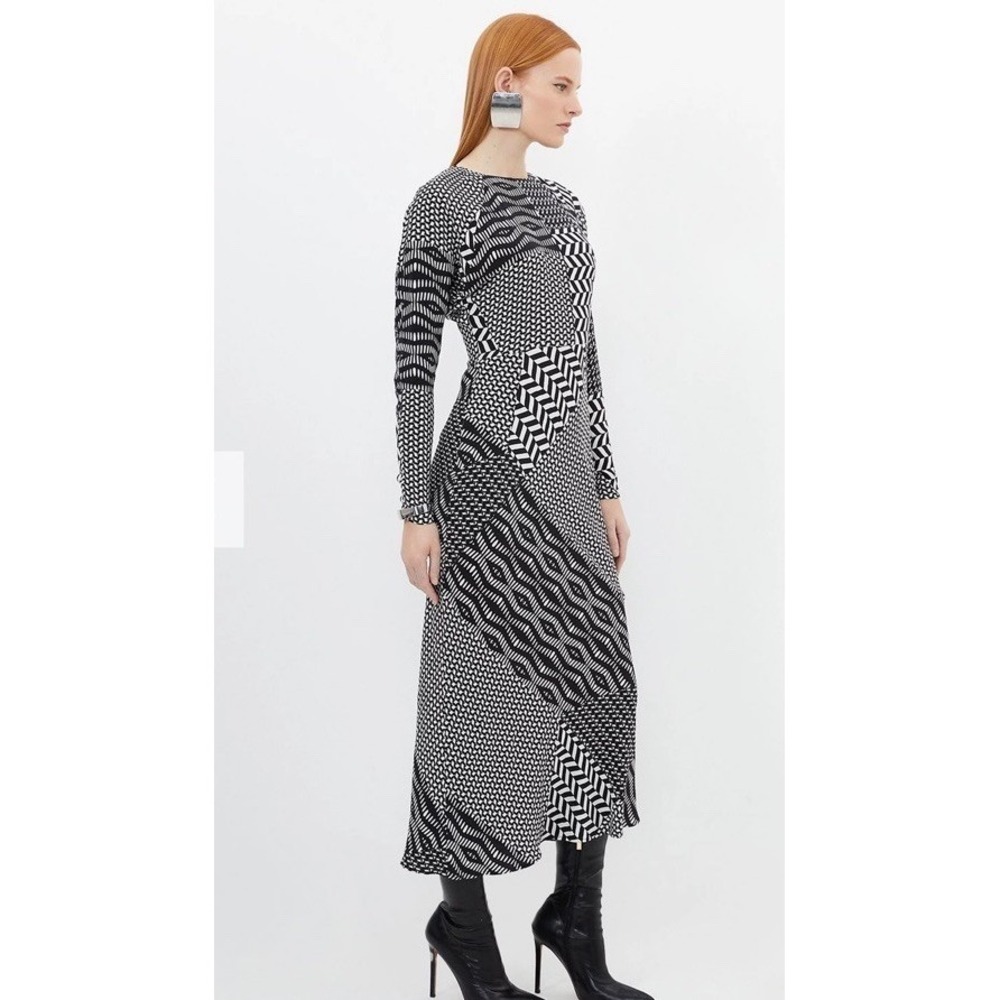 Karen Millen Geo Print Abstract Op Art Midi Dress Morocain NWT $350.00 UK 8 US 4 - Picture 3 of 11